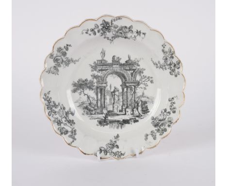 A WORCESTER PLATEColeridge Collection, Circa 1770-75printed in greyish-black with classical ruins, the border with scattered 