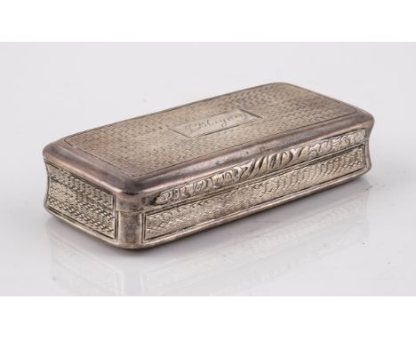 A GEORGE IV SILVER RECTANGULAR SNUFF-BOXColeridge Collection, The exterior engine turned and with a floral moulded thumbpiece