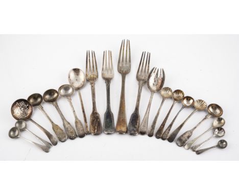 A GROUP OF MOSTLY SILVER FLATWARE(20)Comprising; three fiddle and thread dessert forks, a table fork, a sugar sifting spoon a