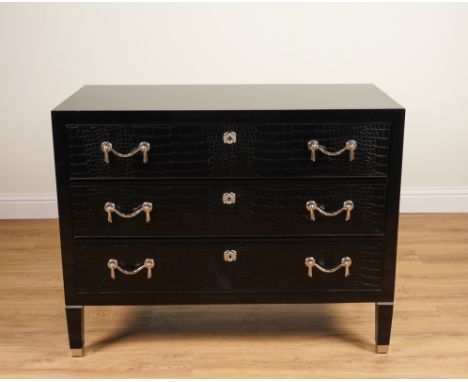 RALPH LAUREN; A BROOK STREET BLACK LACQUER AND FAUX CROCODILE SKIN LEATHER VENEERED THREE DRAWER SIDE CABINET122cm wide; 53cm
