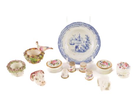 A GROUP OF ENGLISH CERAMICS (15)19th centuryComprising; two Staffordshire porcelain dogs head whistles; a miniature Davenport