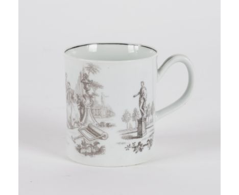 A SMALL WORCESTER CYLINDRICAL MUGColeridge Collection, Circa 1760Transfer-printed in greyish-black after an engraving by Robe