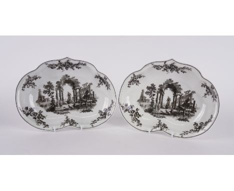 A PAIR OF WORCESTER HEART-SHAPED DISHES (2)Coleridge Collection, Circa 1775Each printed in black after Robert Hancock  with c