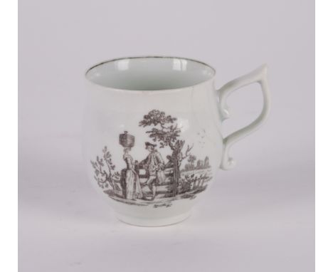 A WORCESTER BELL-SHAPED COFFEE-CUP WITH WISHBONE HANDLEColeridge Collection, Circa 1758-60Printed in greyish-black with `The 