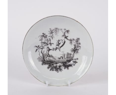 A WORCESTER SAUCER DISHColeridge Collection, Circa 1760Printed  in black after Robert Hancock in the style of Pillement with 