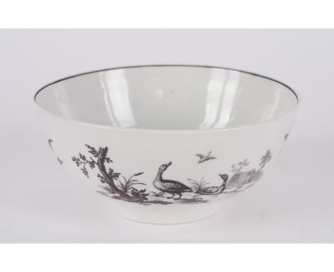 A WORCESTER BOWLColeridge Collection, Circa 1758-60The exterior printed in black with with geese by a riverside with a basket