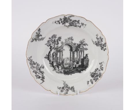 A WORCESTER DEEP PLATEColeridge Collection, Circa 1770-75Printed in black after Pannini with figures amongst ruins and an equ