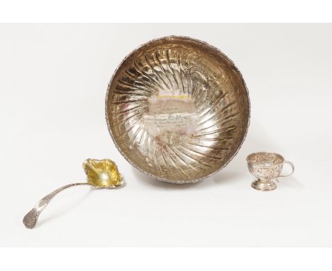 A LARGE SILVER PLATED PUNCH BOWL, A PLATED LADLE AND A PLATED PUNCH CUP (3)The punch bowl By Mappin &amp; Webb and detailed h