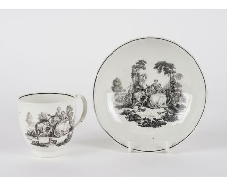 A WORCESTER COFFEE CUP AND SAUCER (2)Coleridge Collection, Circa 1760-5Printed in black after Robert Hancock with `L'Amour', 