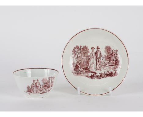 A  WORCESTER TEABOWL AND  SAUCER (2)Coleridge Collection, Circa 1758Printed in reddish brown after Robert Hancock with `La Ca