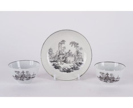 TWO WORCESTER TEABOWLS  AND A SAUCER (3)Coleridge Collection, Circa 1760Printed in black after Robert Hancock with `L'Amour',