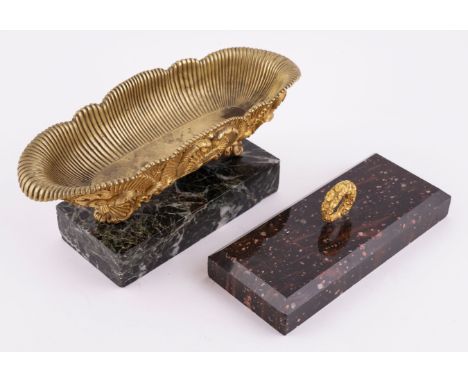 A SWEDISH BLYBERG PORPHYRY AND ORMOLU MOUNTED PAPERWEIGHT; TOGETHER WITH A CHARLES X GILT-METAL PEN TRAY (2)Coleridge Collect