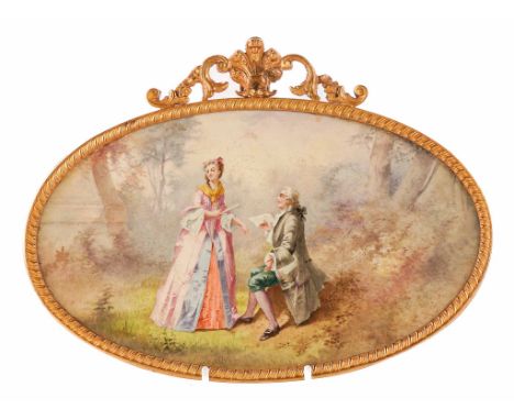 A SEVRES STYLE GILT-METAL MOUNTED OVAL PLAQUELate 19th centuryPainted with a gallant and companion in a landscape, 14.5cm by 