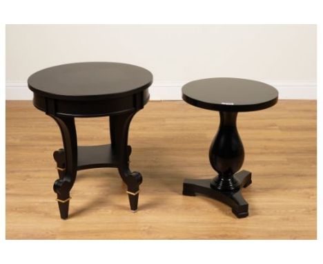 RALPH LAUREN; A BOHEMIAN BLACK LACQUER CIRCULAR OCCASIONAL TABLE ON BALUSTER COLUMN (2)46cm diameter; 58cm high, together wit