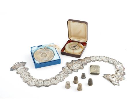 A SILVER WAISTBELT AND EIGHT FURTHER ITEMS (9)The silver waistbelt with pierced and engraved decoration, length 69cm, Birming