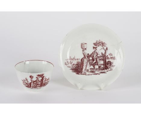 AN EARLY WORCESTER TEABOWL AND A SAUCER (2)Coleridge Collection, Circa 1756-58Each printed in brick-red with `The Milkmaid at