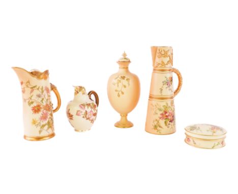 FOUR ITEMS OF ROYAL WORCESTER BLUSH IVORY PORCELAIN (7)Late 19th/early 20th centuryEach piece with flower decoration, compris