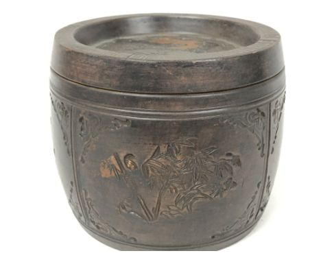 A Chinese terracotta tea caddy, engraved with floral decoration 10cm tall. Postage category D