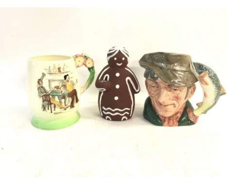 A Royal Doulton character jug, a Carltonware jug and a naive pottery figure. No reserve. (3)
