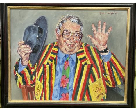 David Griffiths, 1939-Present, contemporary oil on canvas portrait of English jazz musician and celebrity George Melly, at se
