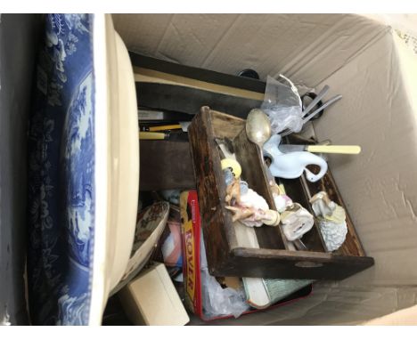 A Collection of assorted items including a large blue and white Spode style tray, Beswick figures, cutlery etc