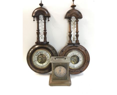 Antique barometers and a metal and enamel mantle clock, dimensions 10x14x15cm