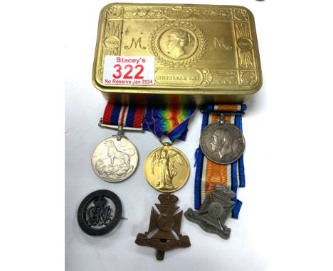 2 WW1 Medals awarded to Pte W.F Dobbs. Herts. R together with a Queen Mary Christmas tin and additional badges.