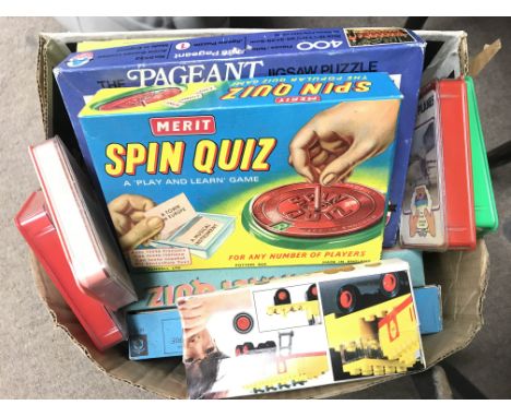 A Collection of vintage games and toys including Battle of Britain jigsaw, top trumps and ace card games, Merit spin quiz