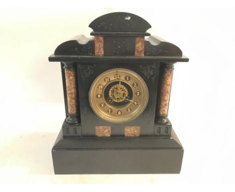A Victorian slate rose marble inlaid clock approximately 34cm. No Reserve.