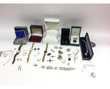 A collection of costume jewellery and watches including a Raymond Weil and Rotary.
