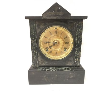 A slate mantle clock, with key 12x22x30cm.