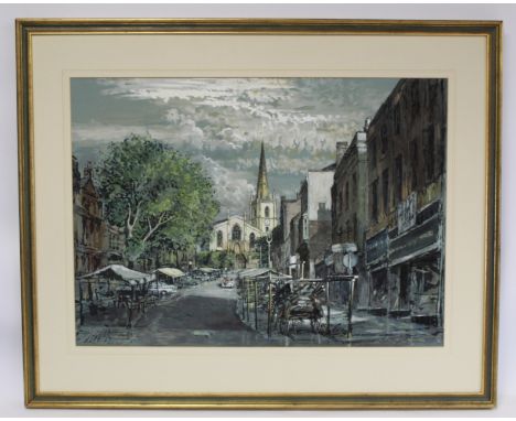 R. W. Dickens (British Mid 20th Century School). Walsall Parish Church and High Street c.1950's. Mixed media on paper. 53.5cm