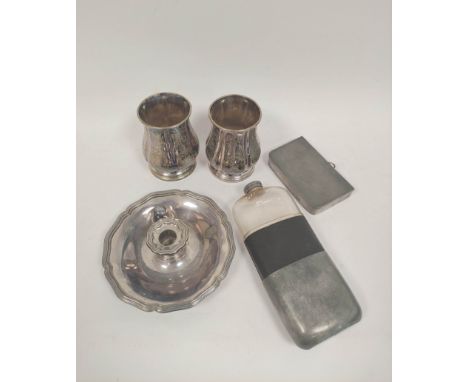 Pair of e.p. engraved beakers and a chamber candlestick, by Elkingtons, a spirits bottle with b. m. mounts and a pewter sandw