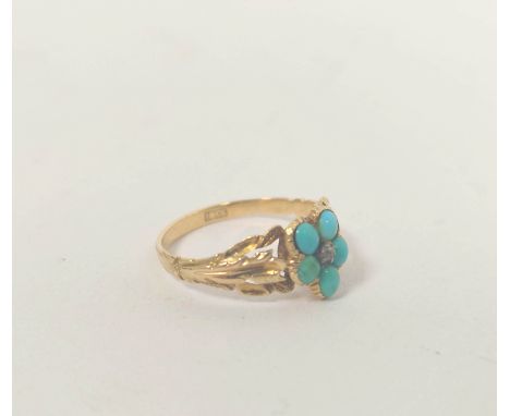 Victorian turquoise cluster ring with diamond 'point' in gold foliate openwork mount, c1850, size 'K'. Condition report:Turqu