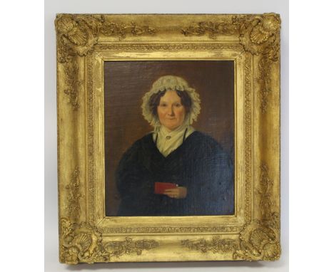 Early 19th Century British School C.1830's, possibly Scottish. Portrait of a lady wearing a lace mob cap, black dress with la