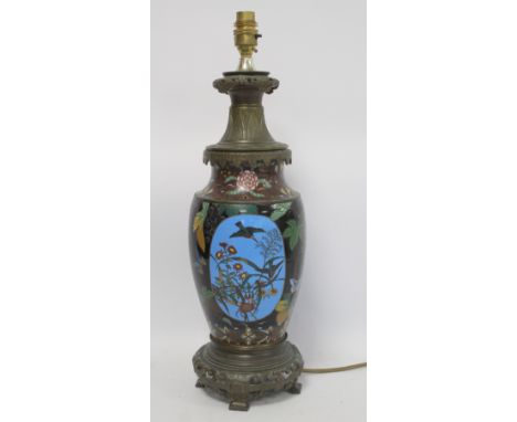 Japanese cloisonné table lamp converted from an oil lamp, the main body decorated with a landscape panel of Mount Fuji and a 