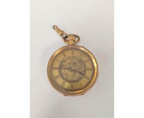 18ct gold Swiss lady's pocket watch with cylinder escapement and chased case back. 37g Condition report:Fully wound. Balance 