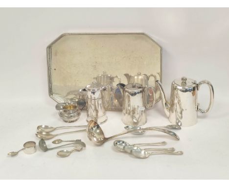 E.p. gallery tray, a flask, a hotel coffee pot and a tea pot and various other items of cutlery and flatware. 