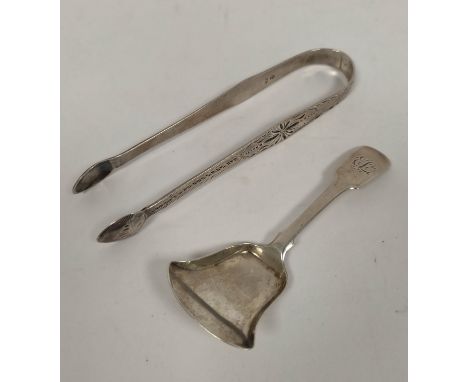 Silver fiddle pattern caddy spoon by Thomas Watson Newcastle 1823 and an engraved tongs by Richard Ferris Exeter c1795. 42g (