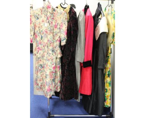 Six lady's occasion outfits, for day and evening, circa 1980s, including Caroline Charles metallic floral two-piece, Jessica 