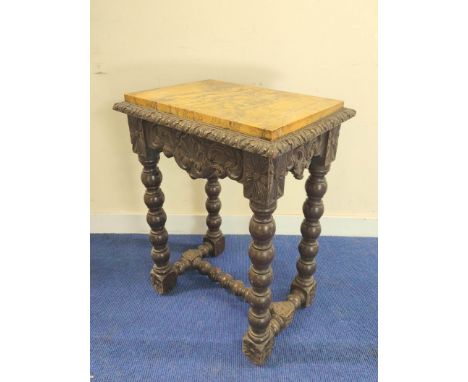 19th century carved oak side table with drop in yellow marble top, carved shell, scroll and flower head frieze, bobbin turned