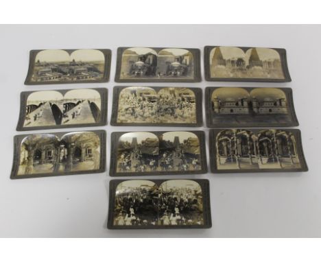 Two hand held stereoscopic viewers; a small collection of stereoscopic views by Keystone View Company including India (10), C