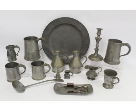 Collection of antique pewter including: circular charger, 38.5cm diam. with incised initials PRE to rim verso; a baluster can