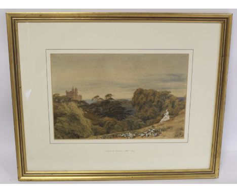 William Turner of Oxford (1789-1862). Extensive parkland view with dell and turreted folly. Watercolour heightened with white