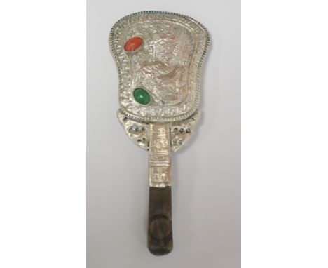 Chinese lady's hand mirror, the plated repoussé back with scrolling dragon and two oval cabochons with pierced and carved bro