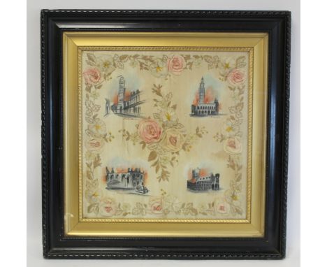 Early 20th century, possibly WWI souvenir, embroidered applique and hand painted panel depicting the cathedrals and churches 