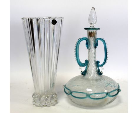 Antique blown glass decanter of Venetian style in the manner of Christopher Dresser, the wreathen twist squat globe and shaft