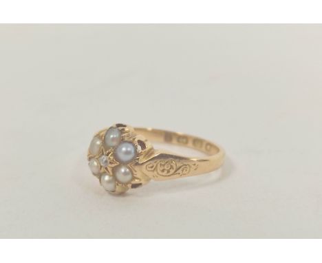 Victorian pearl cluster ring with diamond 'point' in engraved 18ct gold, 1873, size 'N½'. 