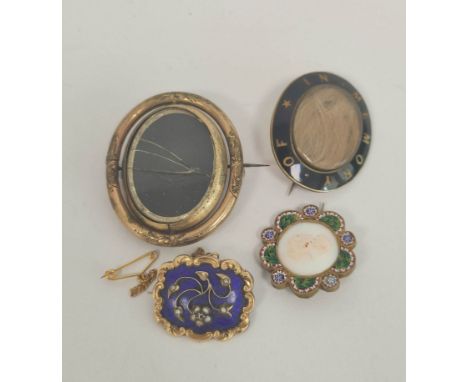 Victorian part gold brooch with pearl spray upon blue enamel&nbsp; locket back and three others. (4).&nbsp; 