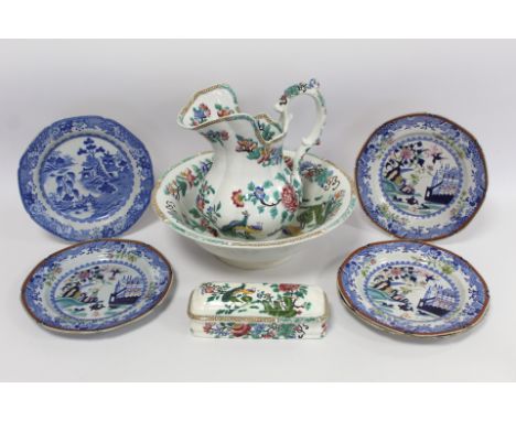 Copeland &amp; Garrett late Spode "New Fayence" part wash set comprising ewer, basin and covered toothbrush box; four Spode's